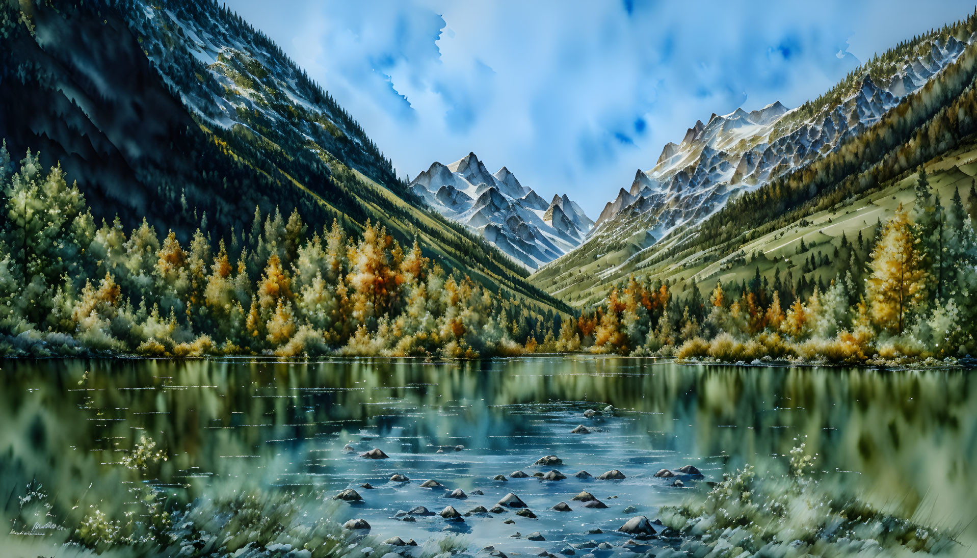 Tranquil mountain landscape with reflective lake and autumnal forested slopes