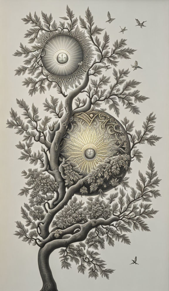 Surreal tree illustration with ornate eye-like designs and birds