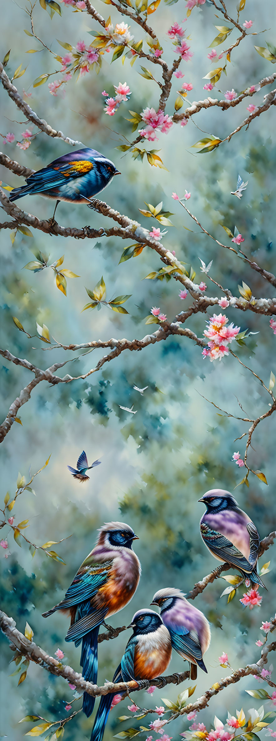 Colorful birds on blooming branches with distant bird in flight and soft bokeh background