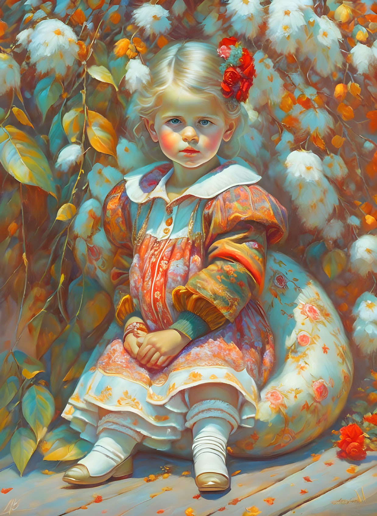 Blond child in vintage floral dress surrounded by orange flowers