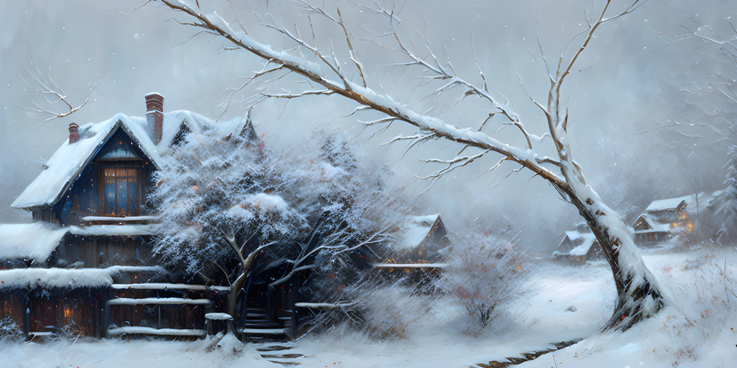 Snow-covered houses and barren tree in serene winter setting