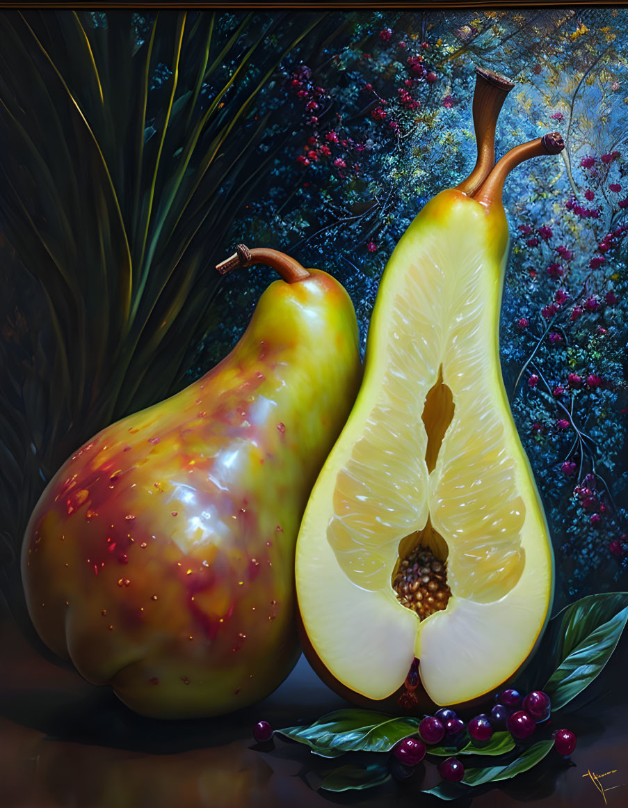 Hyperrealistic painting of whole and halved pears with vibrant colors on dark background.