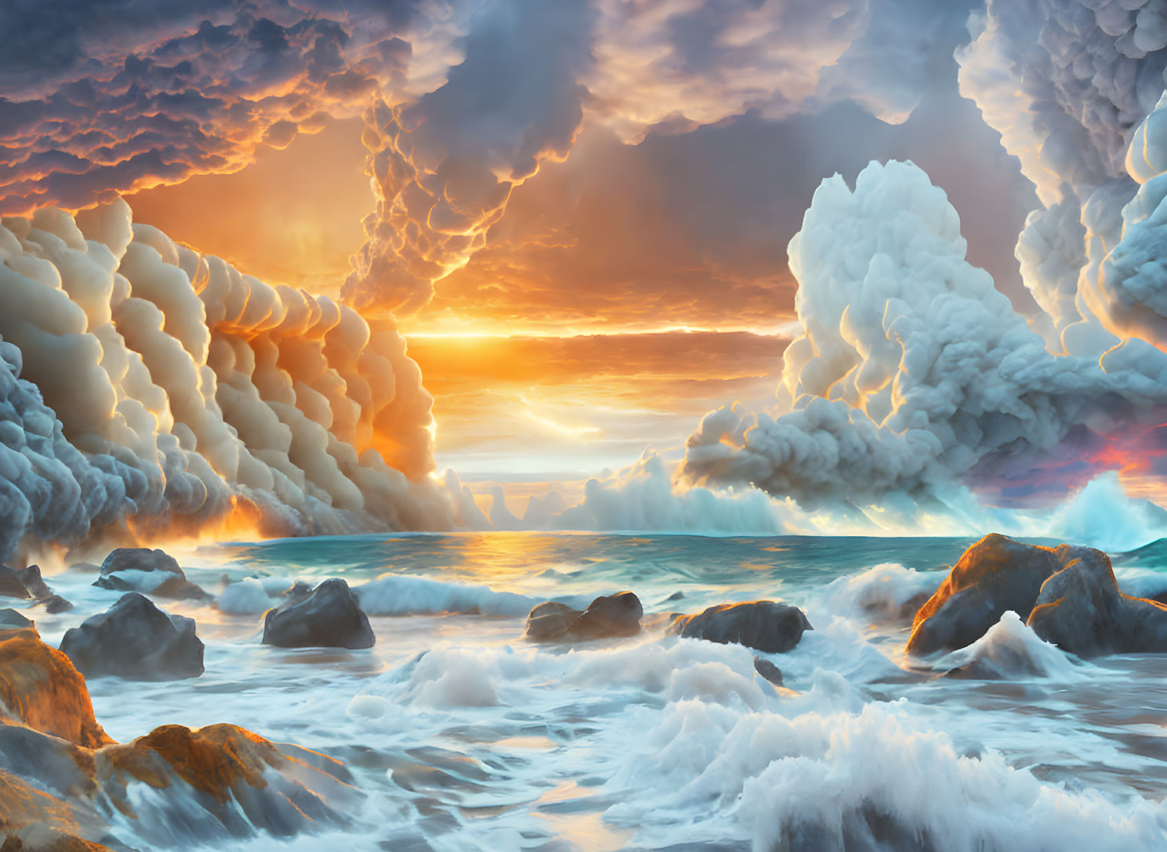 Fiery sunset over turbulent ocean with billowing clouds