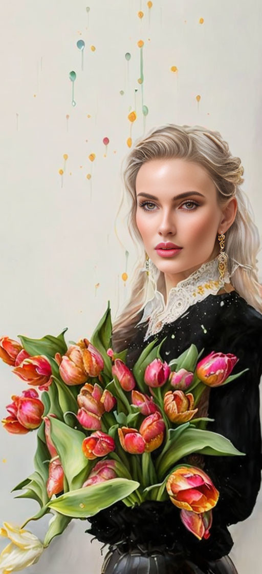 Digital Artwork: Woman with Blue Eyes and Tulip Bouquet