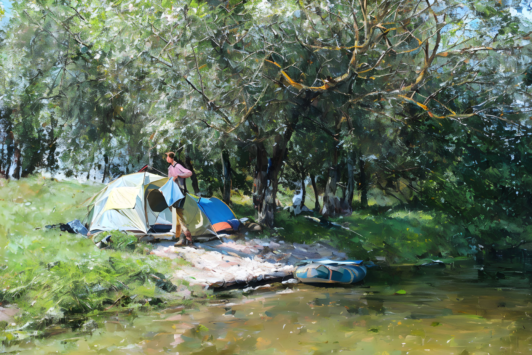 Tranquil riverside scene with two tents, lush greenery, person, and kayak