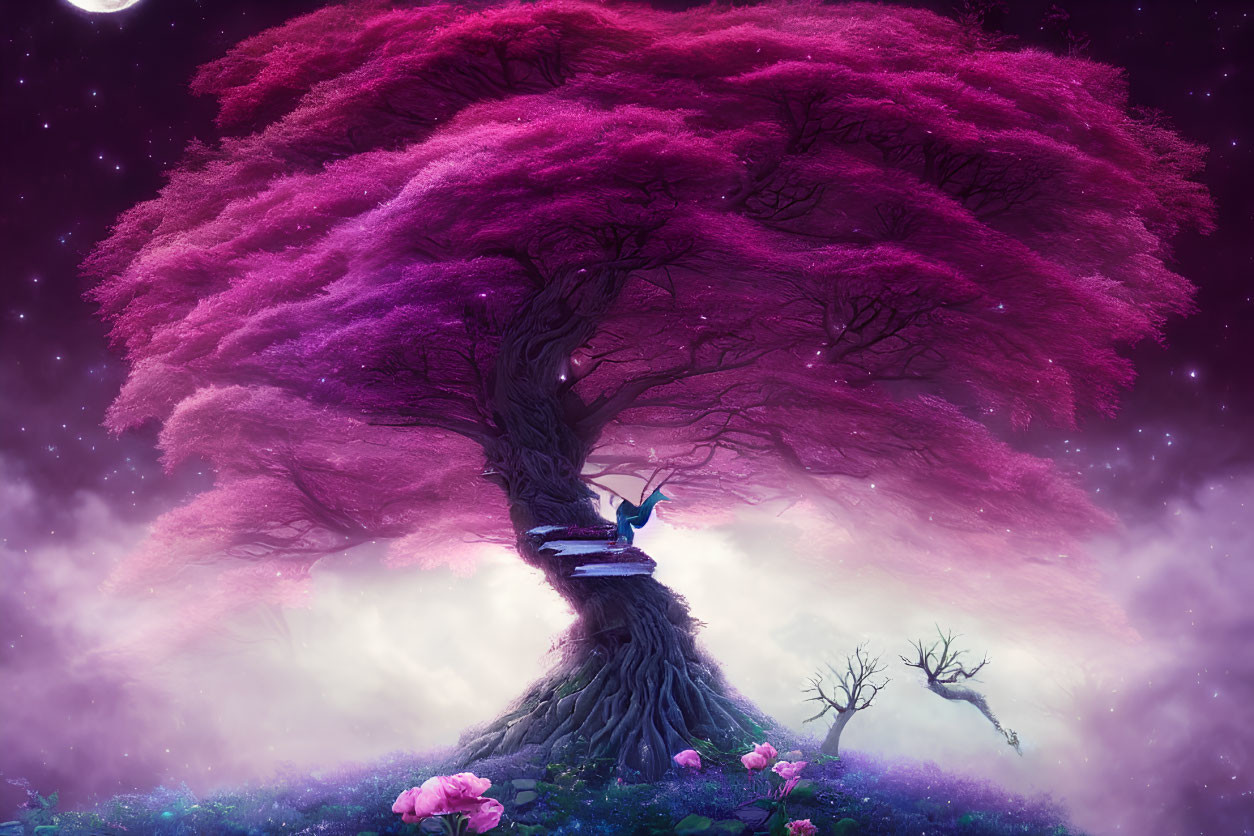 Gigantic pink tree in misty landscape under starry sky with crescent moon and flowers