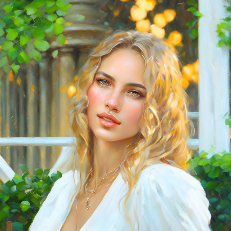 Blonde Curly-Haired Woman Portrait in Warm Sunlight