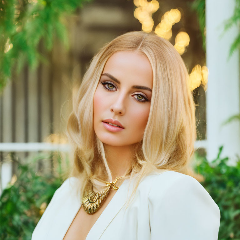 Blonde woman in white blazer with gold necklace outdoors