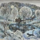 Snow-covered trees, houses, cat, and river in serene winter scene