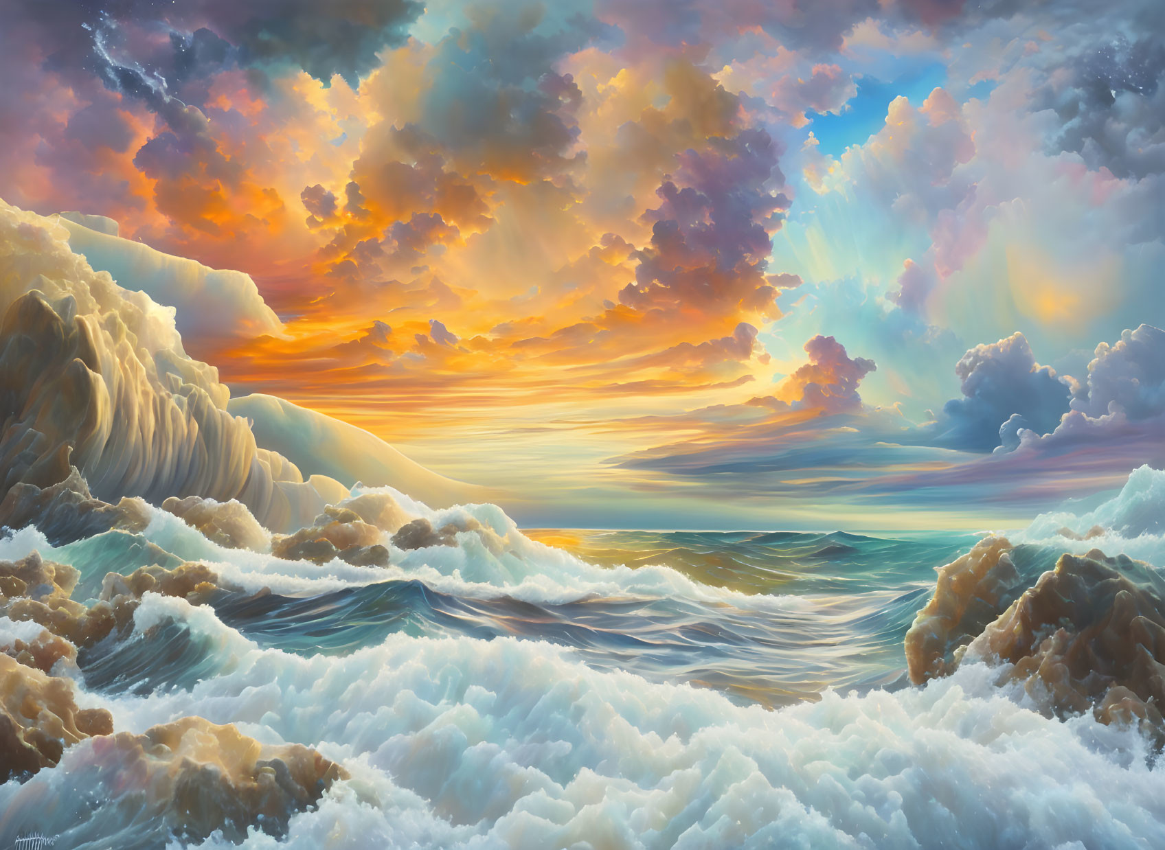 Scenic ocean sunset with dynamic clouds and crashing waves