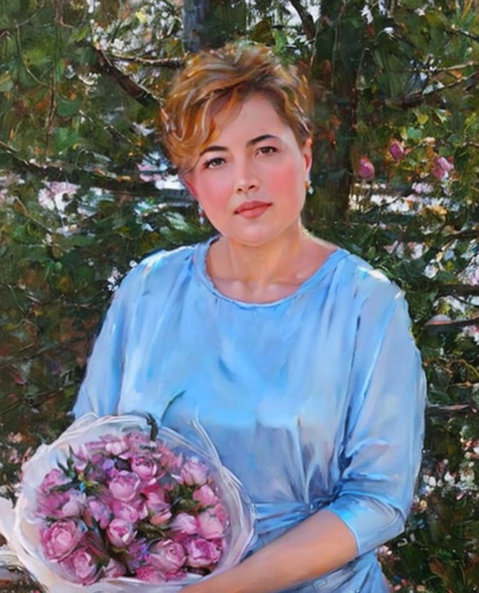 Woman with Short Hair Holding Pink Roses in Blue Blouse Painting