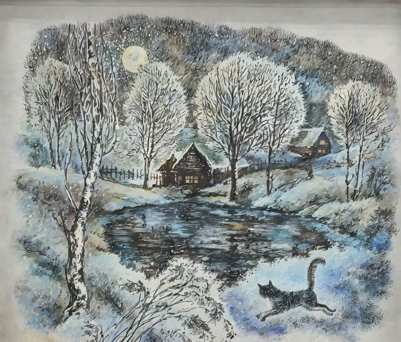 Wintry watercolor painting: bare trees, frozen river, snow-covered houses, full moon, black