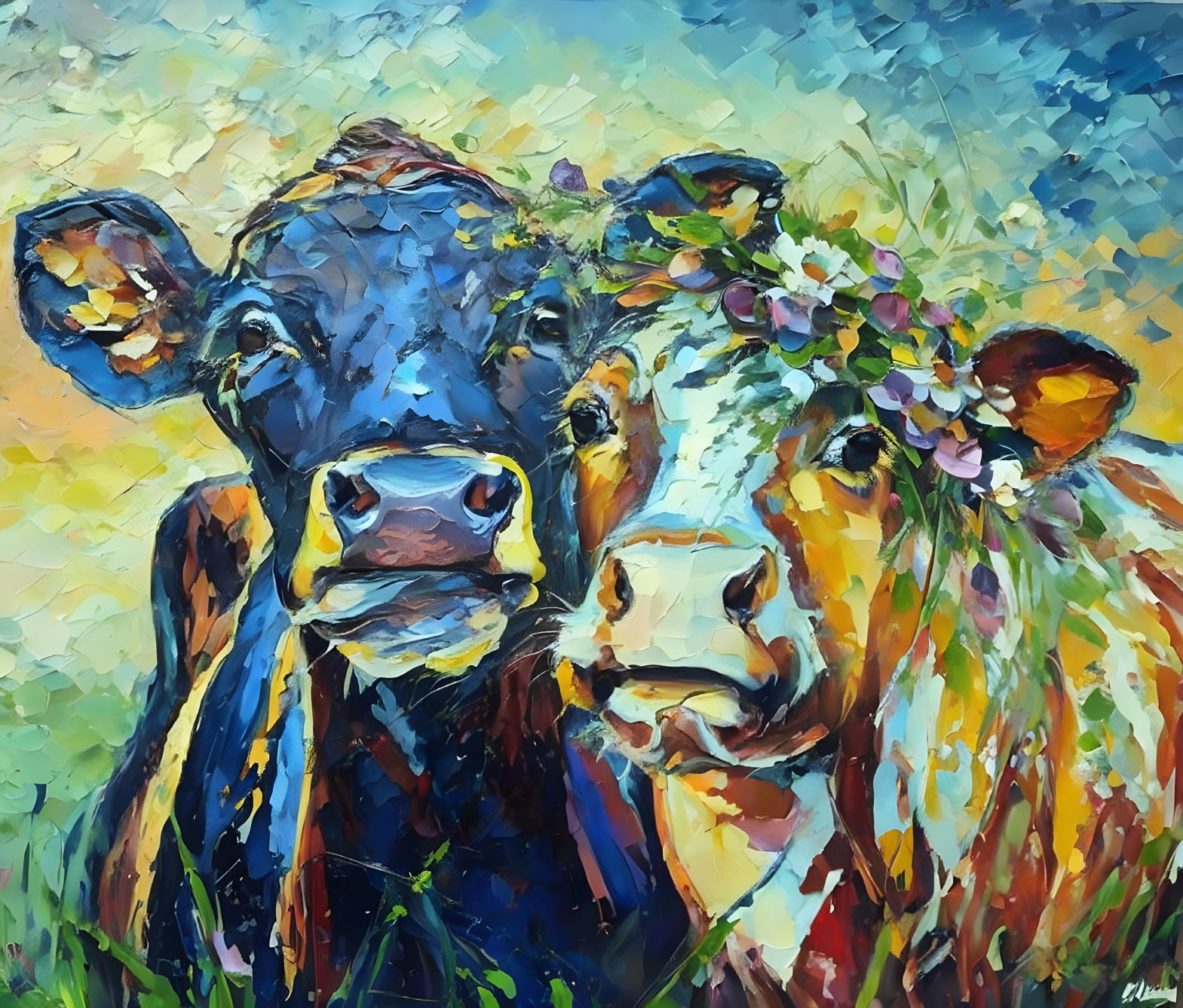 Vibrant impressionist painting of cows with floral crown on textured blue and yellow backdrop