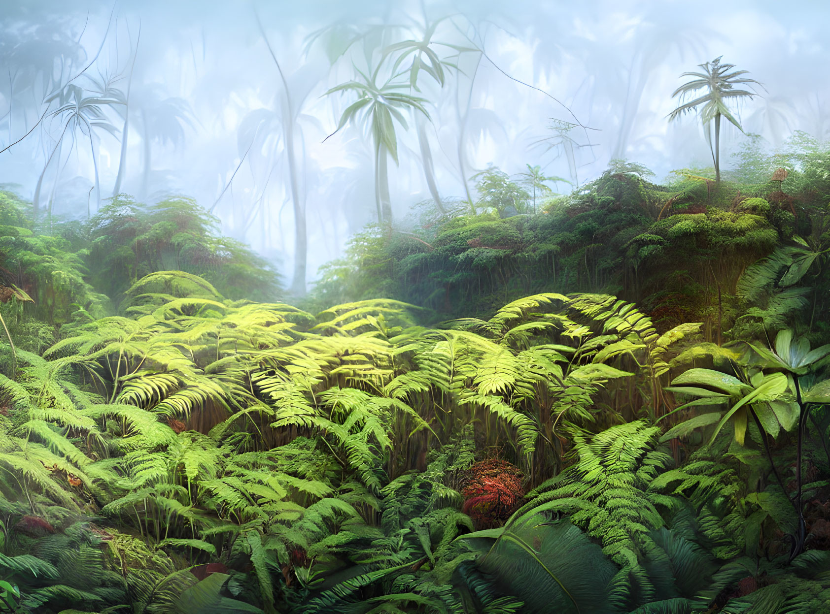 Serene rainforest with dense ferns and fog-enveloped trees