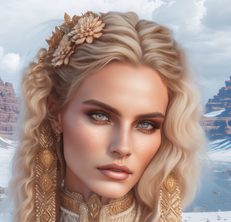 Woman with golden hair accessories and detailed gold jewelry in digital art