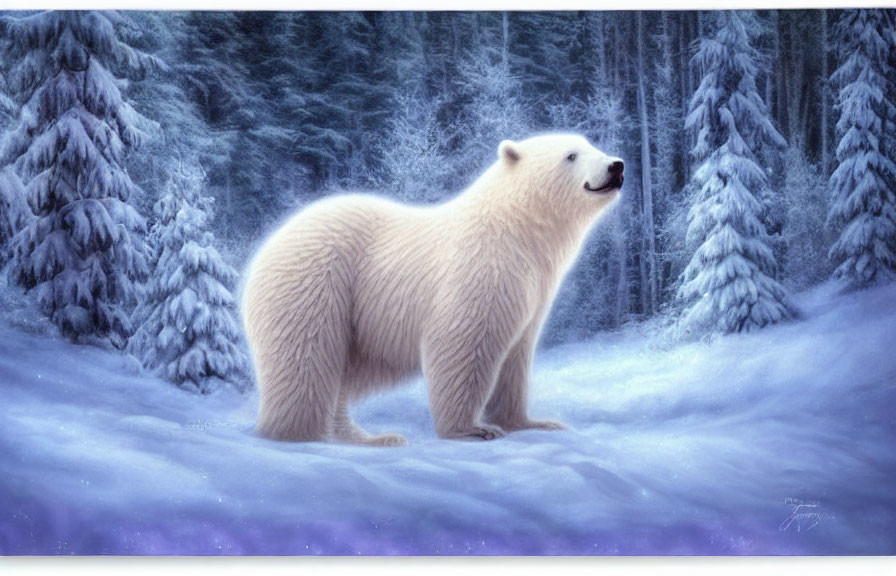 Majestic white polar bear in snowy forest clearing