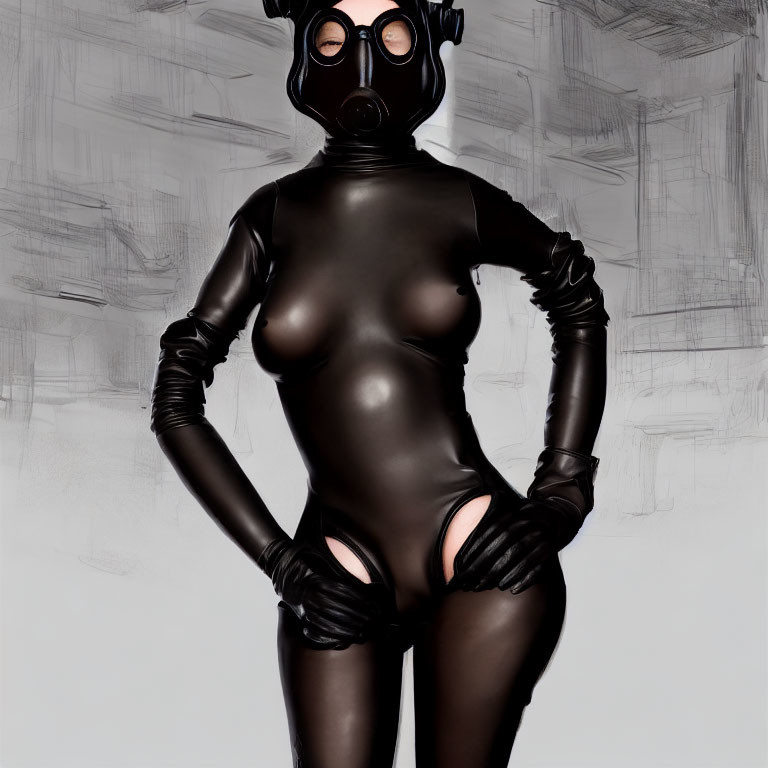 Person in Black Latex Bodysuit with Gas Mask on Gray Background