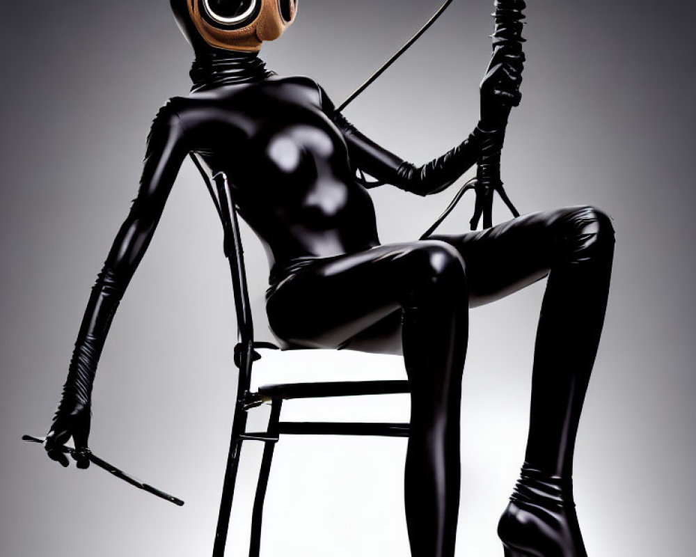 Stylized humanoid figure in gas mask with whip on chair