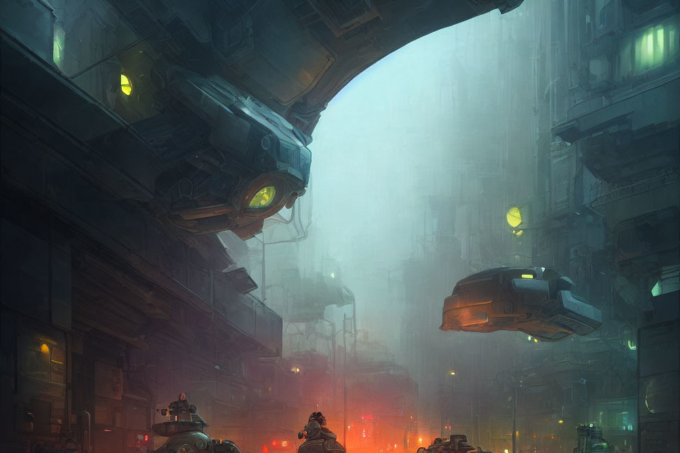 Futuristic cityscape with fog, towering buildings, flying vehicles, and dark atmosphere