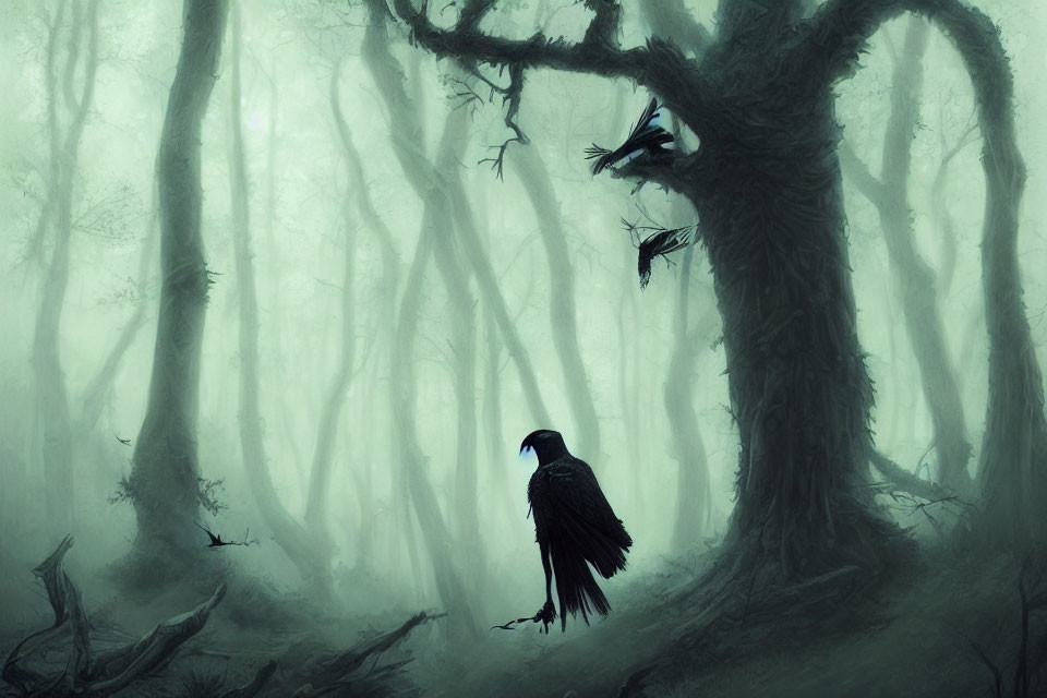 Misty forest scene with gnarled trees and raven silhouette