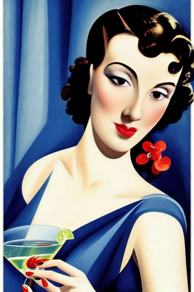 Vintage Illustration of Stylized Woman in Blue Dress with Red Flower Holding Martini Glass