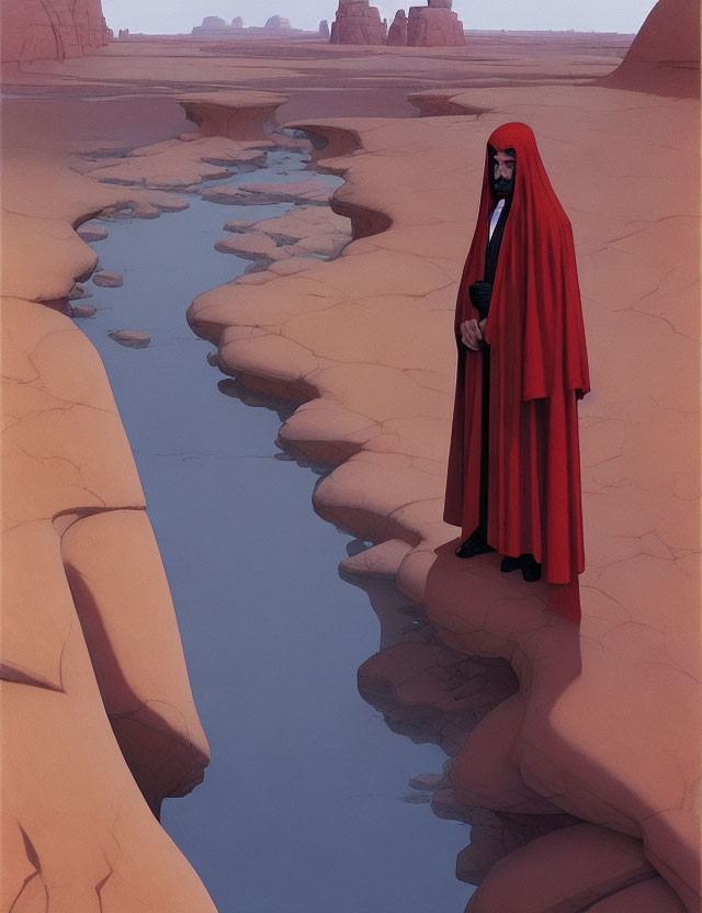 Mysterious cloaked figure by canyon river in desert landscape
