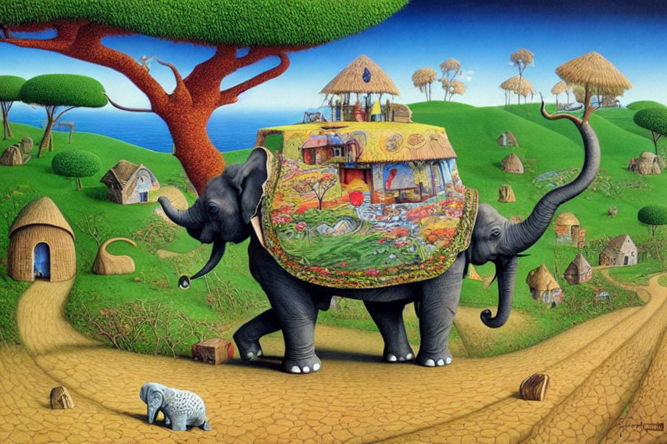 Whimsical painting: Two elephants carry colorful house in surreal landscape