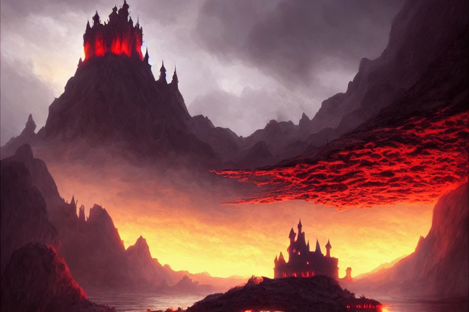 Foreboding castle on rocky peak under fiery crimson sky