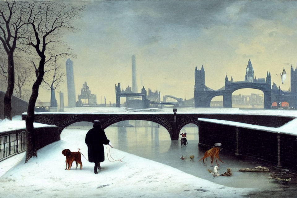 Victorian-era snowy London painting with figures and chimneys
