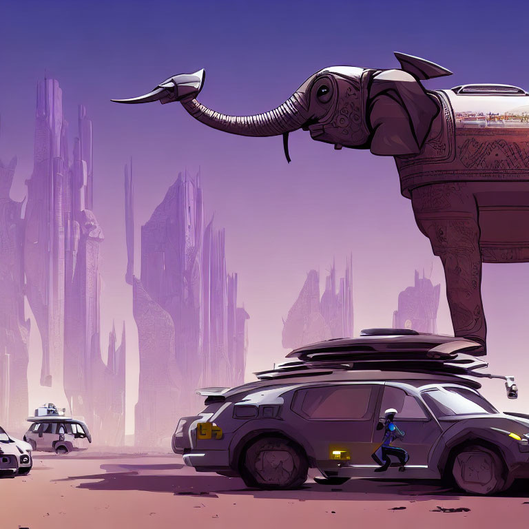 Futuristic cityscape with towering spires, running person, hover car, and mechanical elephant.
