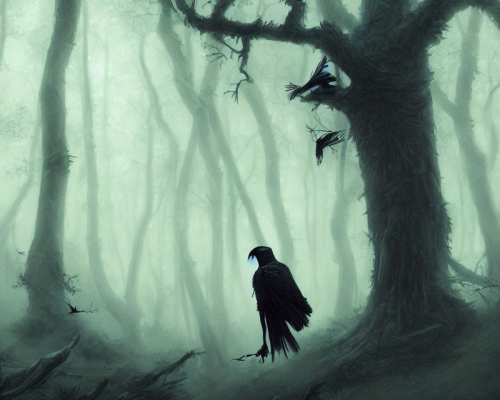 Misty forest scene with gnarled trees and raven silhouette