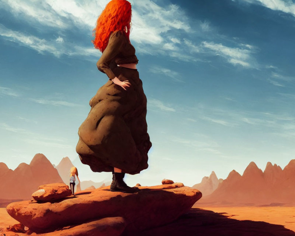 Vibrant orange-haired giant woman in desert landscape with small figure