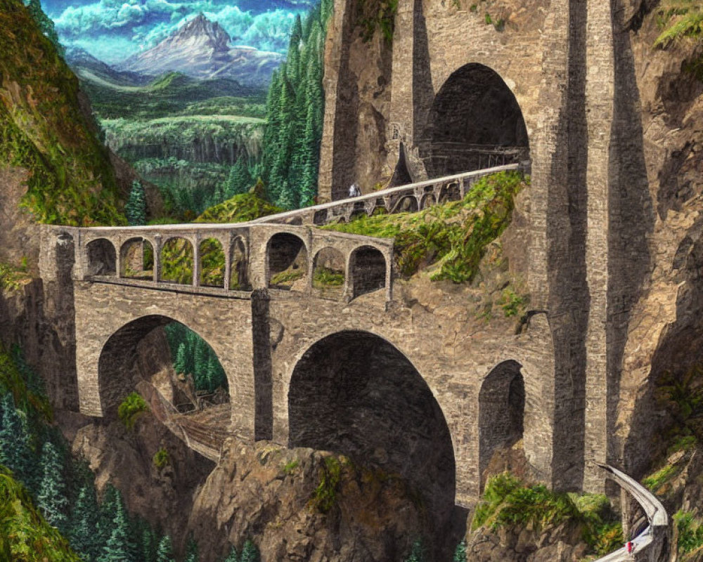 Stone bridge over gorge with passing train, lush forest, distant mountain.