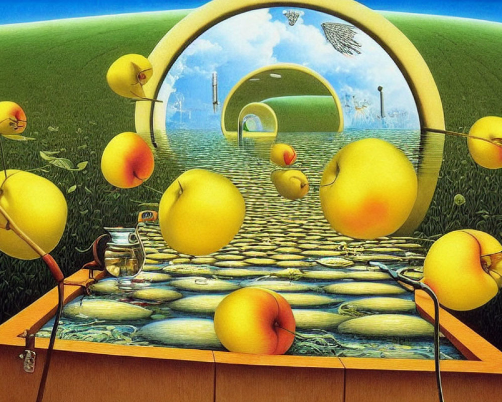 Surreal landscape with oversized lemons, stone pathway, arches, bee, teapot,
