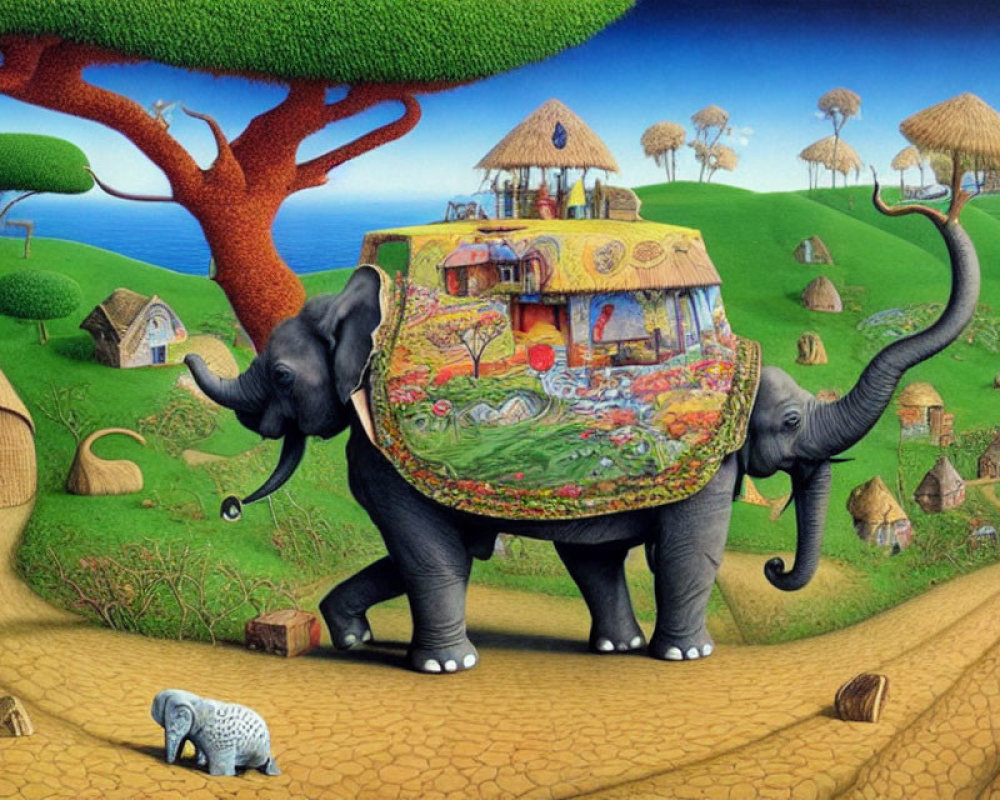 Whimsical painting: Two elephants carry colorful house in surreal landscape