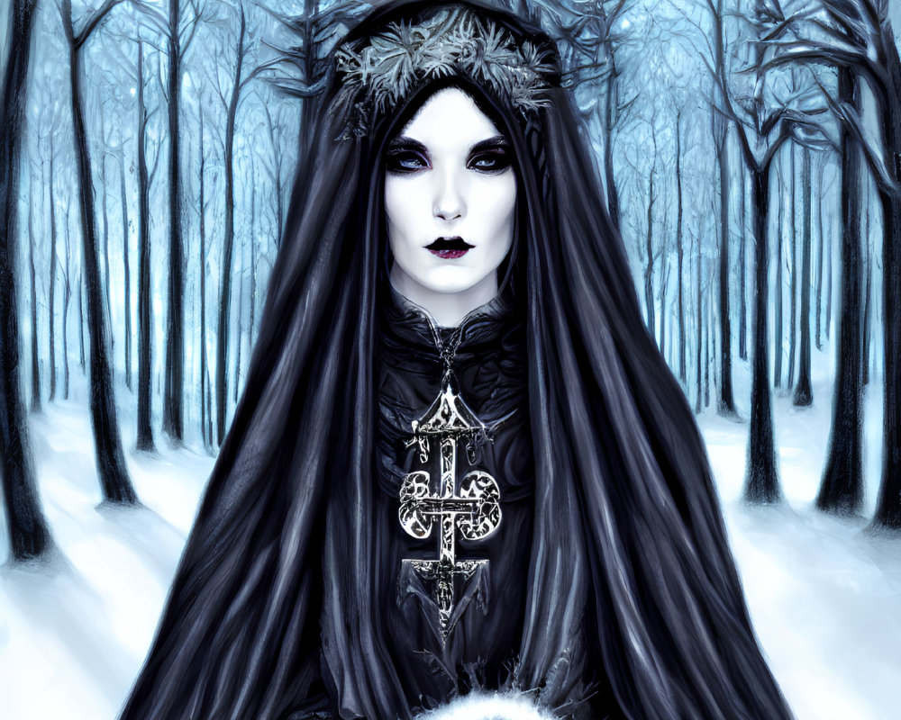 Gothic figure with crown in snowy forest
