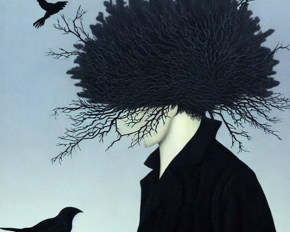 Surreal painting: person with tree head, bird flying, blue-gray sky