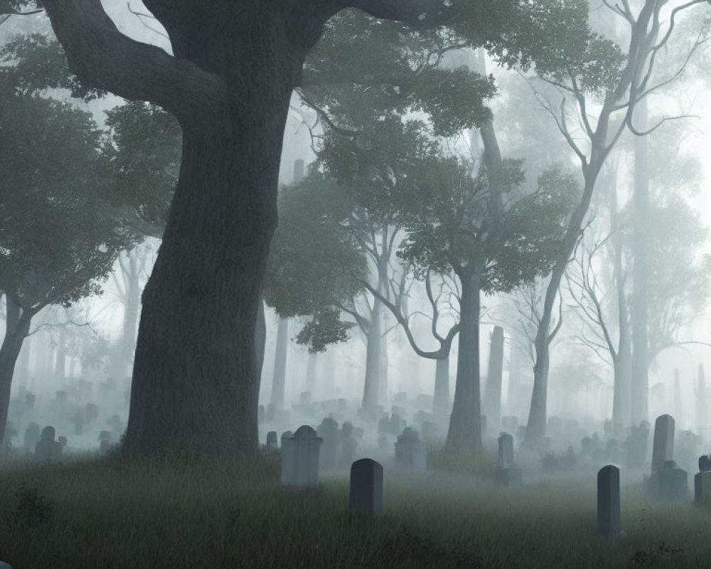 Misty graveyard with weathered tombstones and ancient trees
