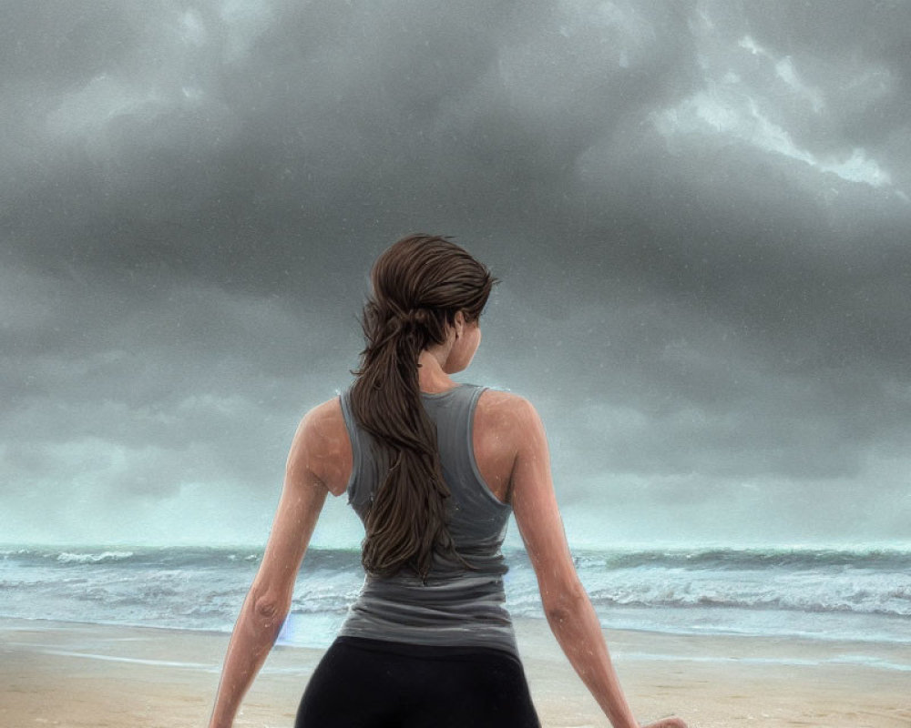 Woman with braid gazes at stormy sea under overcast sky