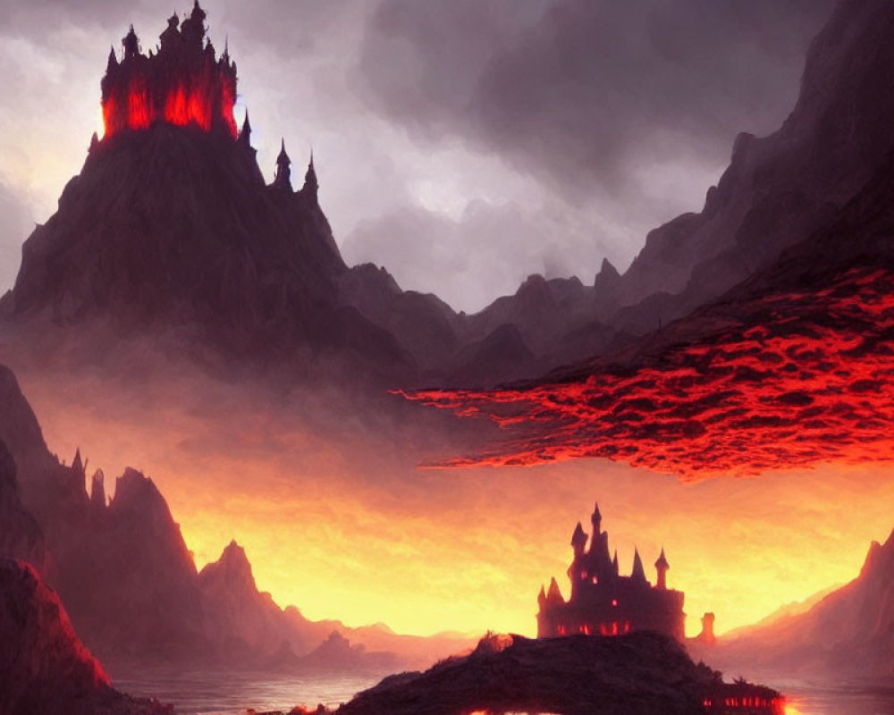 Foreboding castle on rocky peak under fiery crimson sky