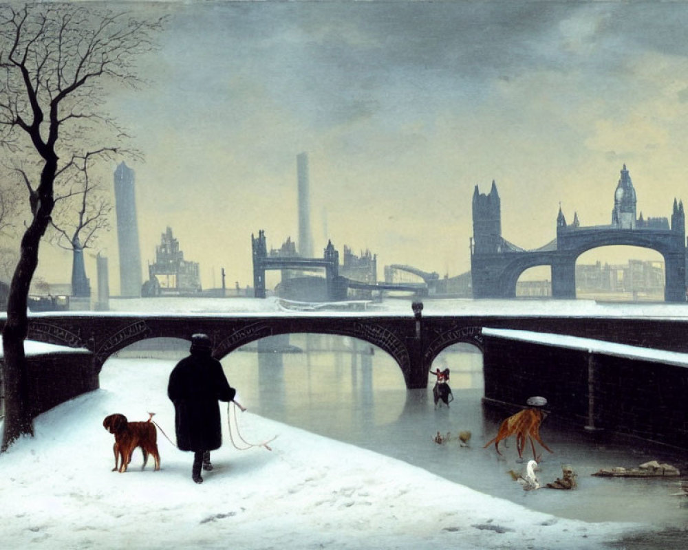 Victorian-era snowy London painting with figures and chimneys