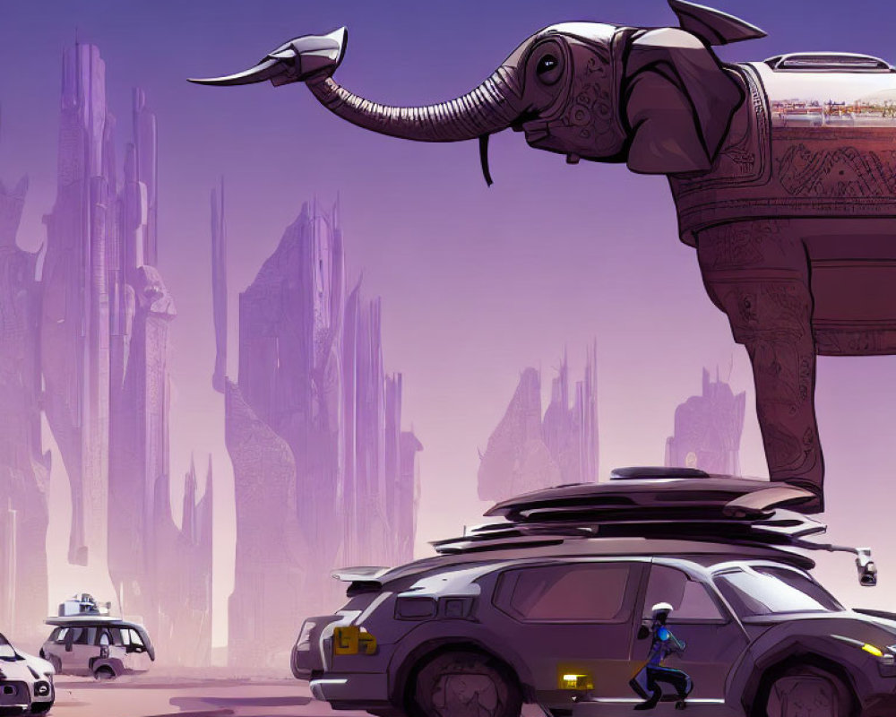 Futuristic cityscape with towering spires, running person, hover car, and mechanical elephant.