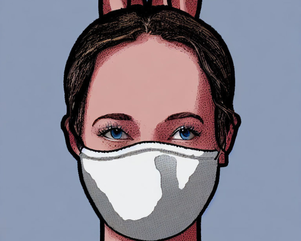 Person with Blue Eyes in Face Mask & Bunny Ears on Blue Background