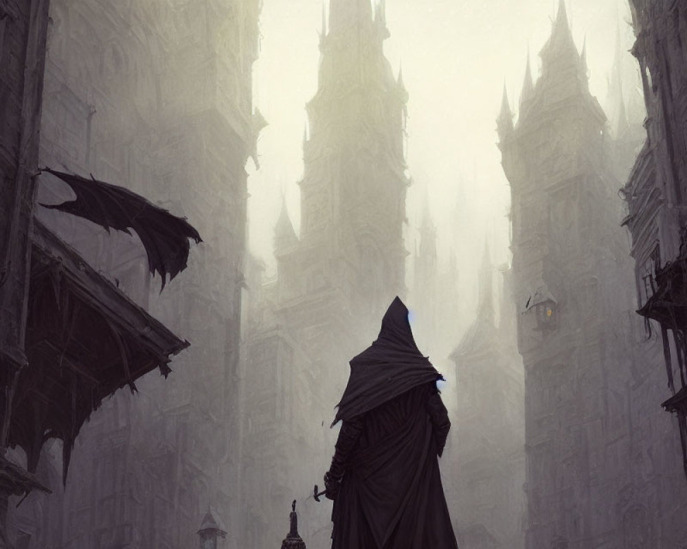 Mysterious cloaked figure in foggy gothic cityscape with spires and winged creature