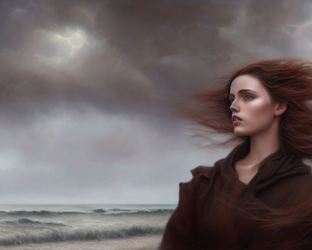 Woman gazing under stormy sky with windswept hair and tumultuous seas