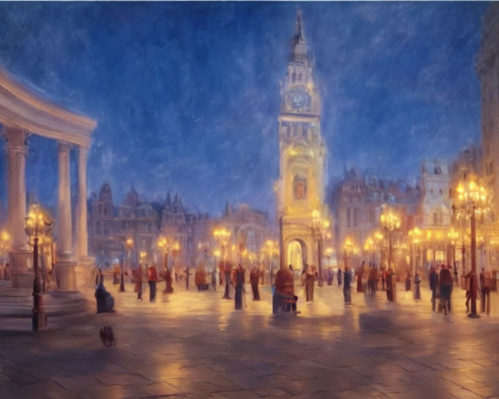 Nighttime plaza painting with people under street lamps and clock tower