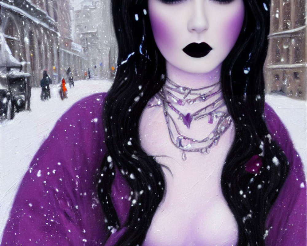 Gothic female figure in purple dress and crown in snowy city scene