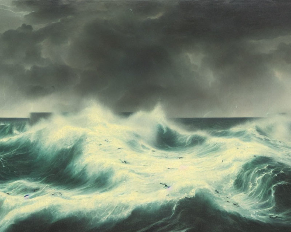 Tumultuous ocean under stormy sky with crashing waves