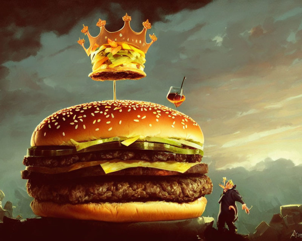 Illustrated giant burger with crown and cocktail in a moody sky with robed figure and scattered m