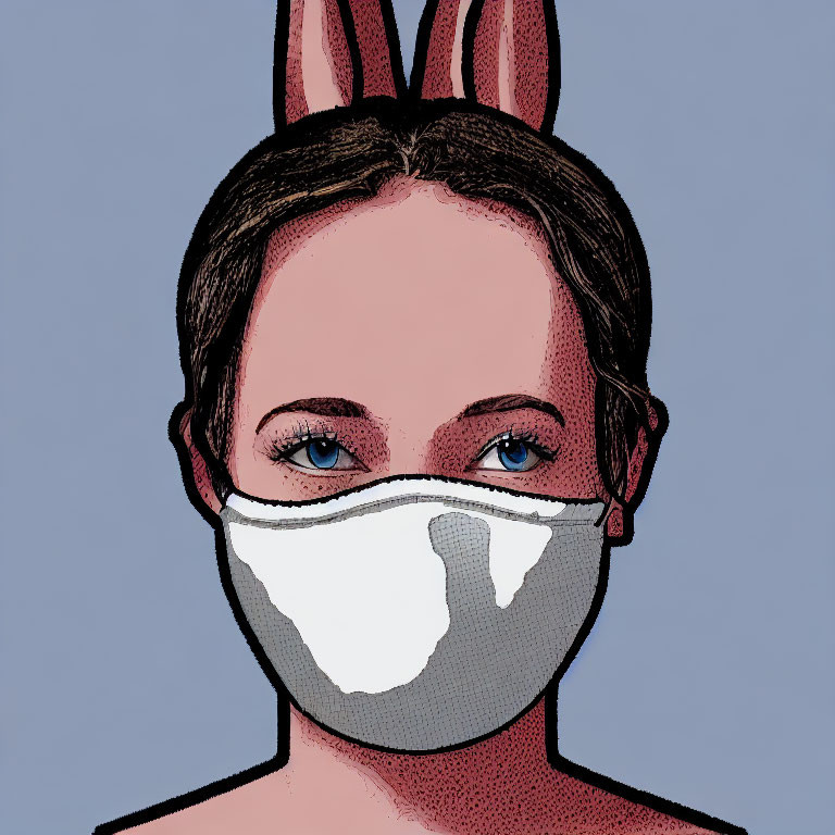 Person with Blue Eyes in Face Mask & Bunny Ears on Blue Background